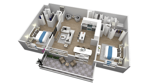 Floor plan for 2 beds, 2 baths, 1050 sqft